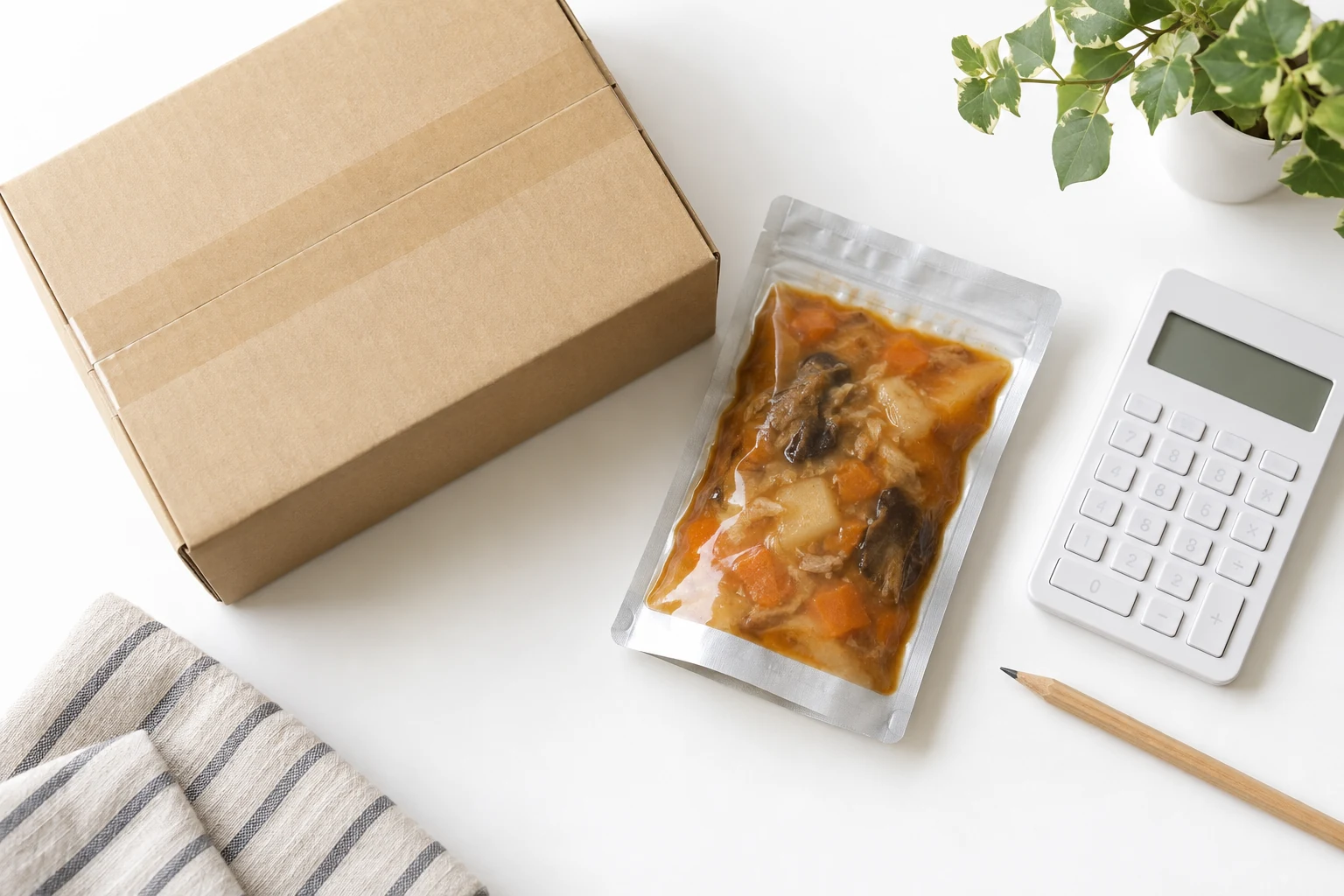 食品通販用の箱と電卓
