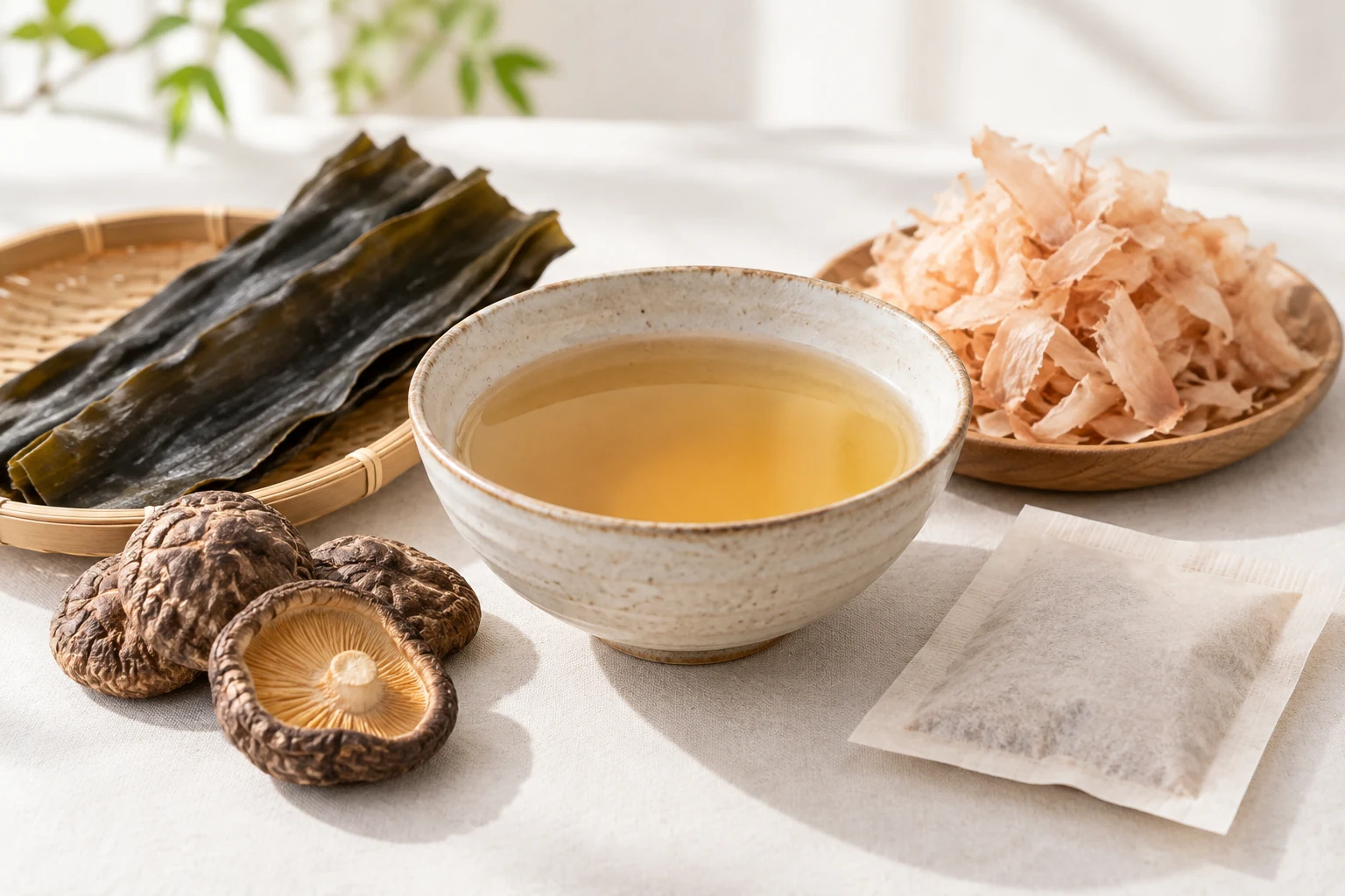 だしの器と昆布としいたけと削り節