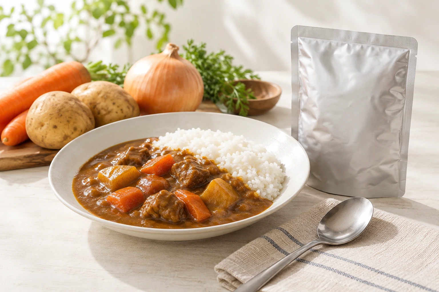 カレーライスと無地のレトルトパウチ